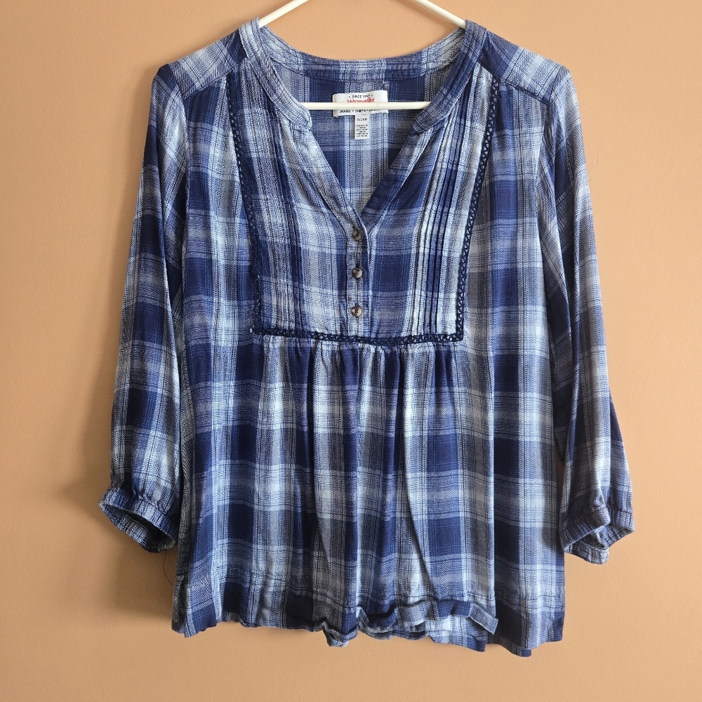 Wrangler Navy Plaid Country Blouse, PTP=18"